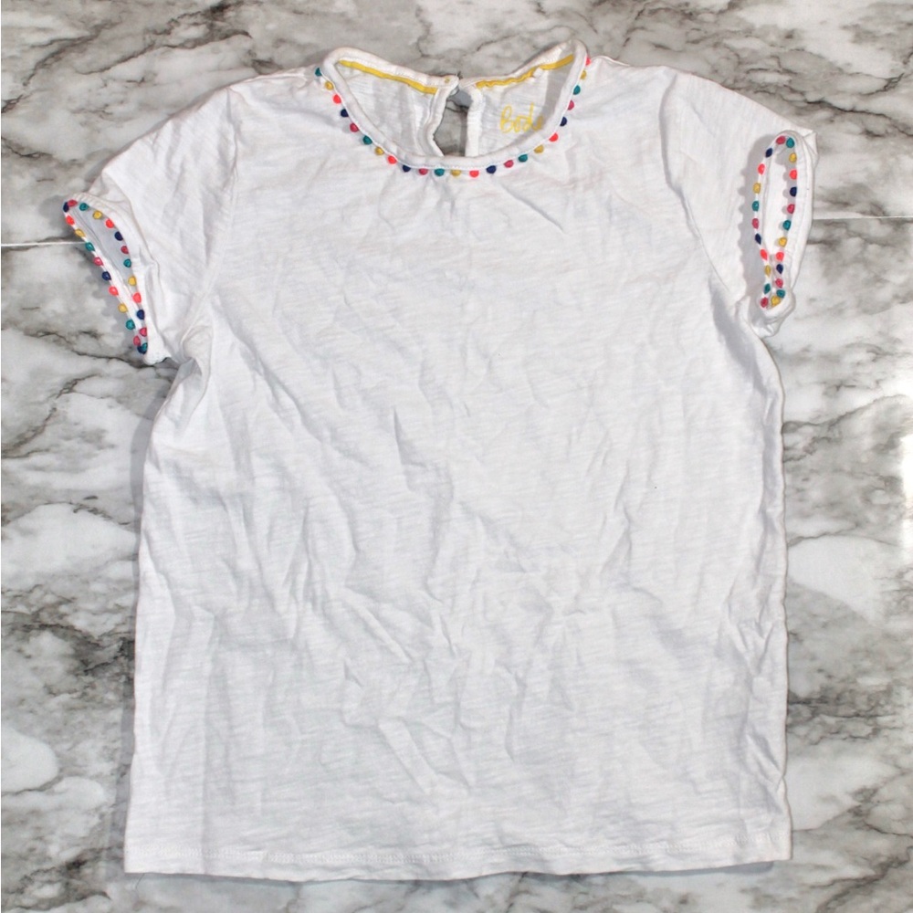Boden White Short Sleeve Tee with Multicolor Pom Trim